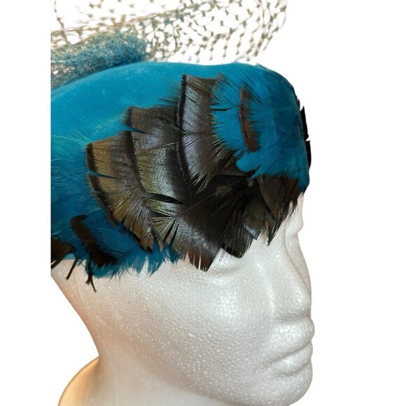 Vintage 1960s F W Woolworth Teal Blue Velvet Black Feather Pillbox Hat Veil main image 9